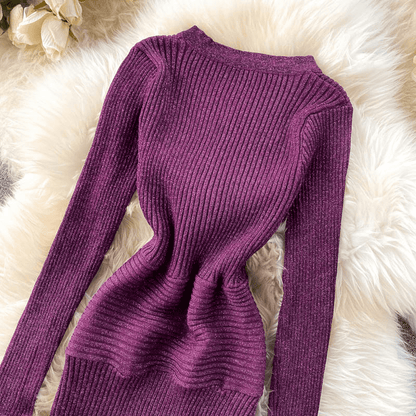 Modern Purple V-neck Hollow Out Halter Long Sleeve With Fur Knit Dress AR1009 shopify