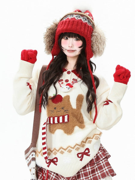 Daily Accents Motifs Strap Sweater Christmas Kawaii with Cat Striped Red/Apricot FashionChic