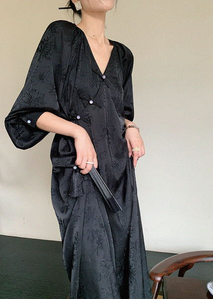 New Long Jacquard Beige Spring Neck Silk Oriental Dress Button V FashionChic