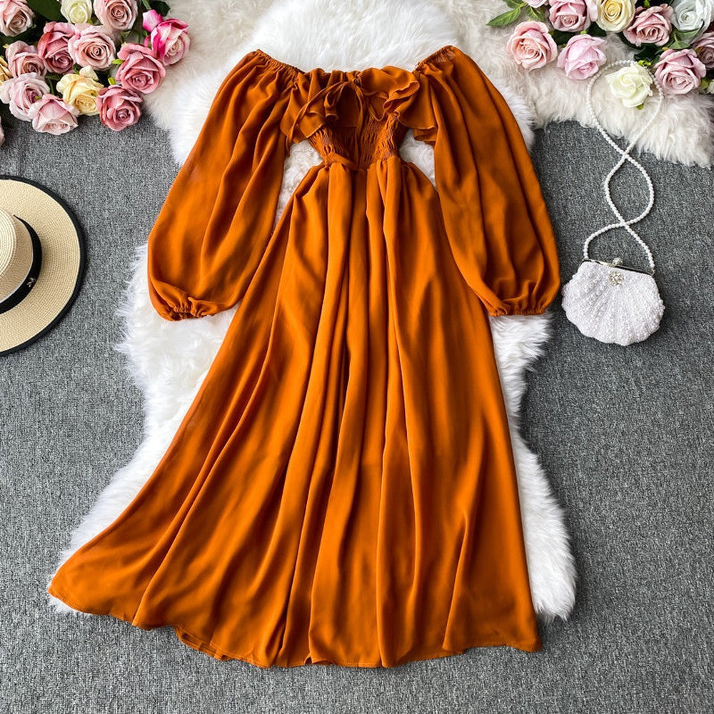 Chic Red Off Shoulder With Ruffles Long Puff Sleeve Midi Dress AR1019 shopify