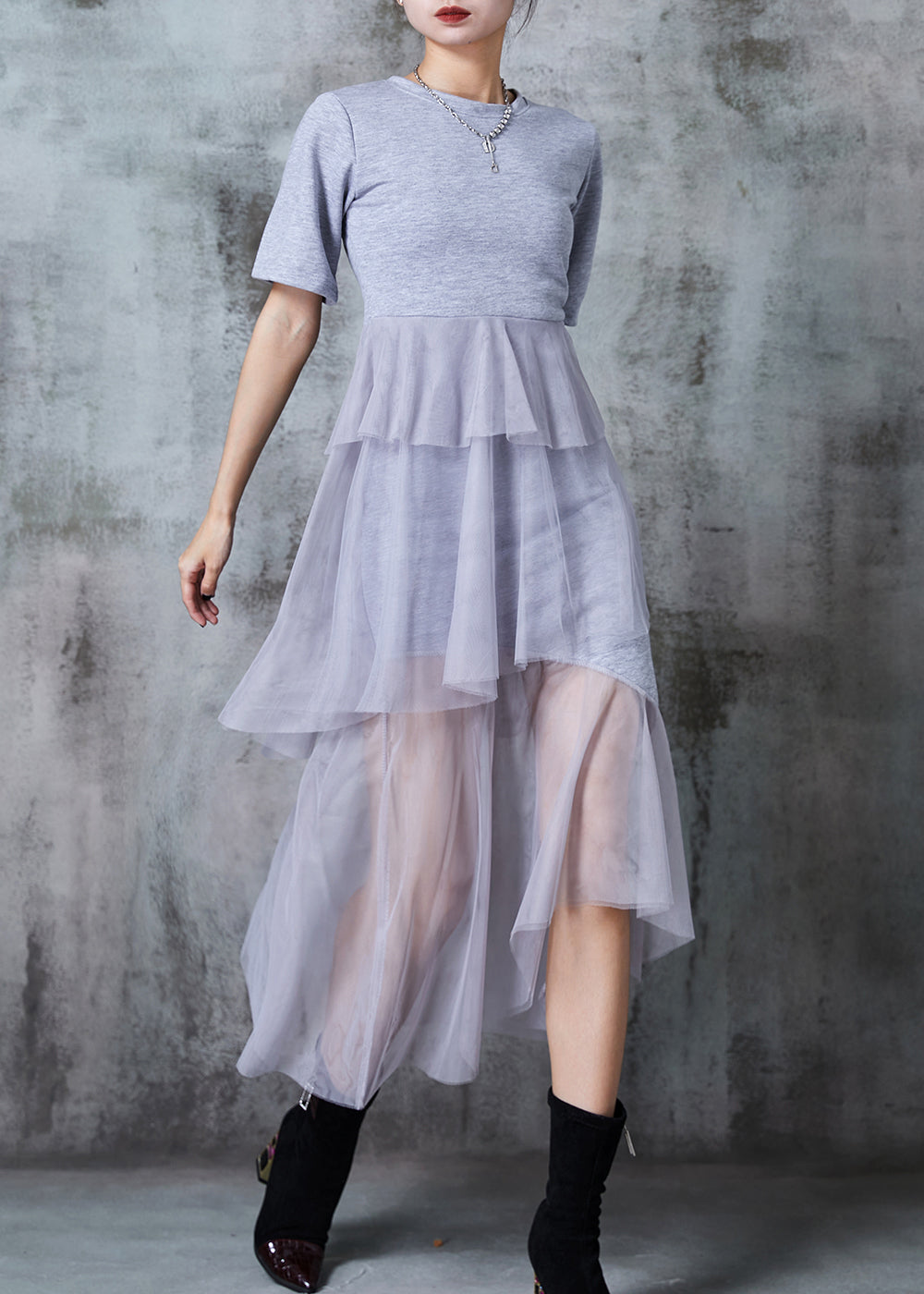 Grey Patchwork Tulle Holiday Dress Silm Fit Summer PZGY-SDL240826