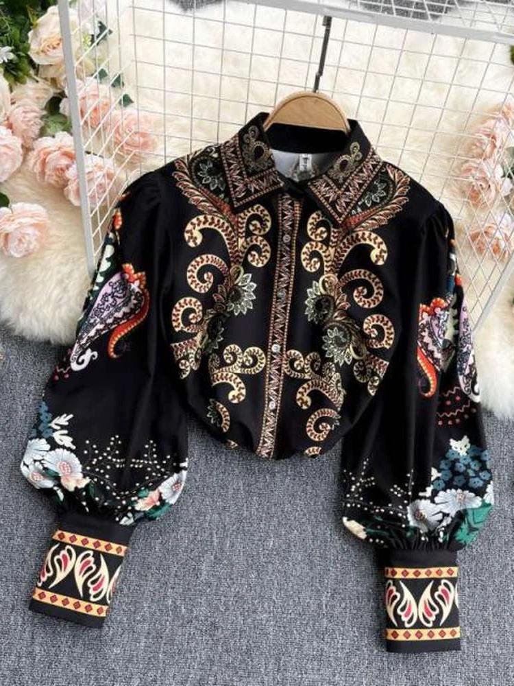 Retro Black Lapel Field Totem Print Buttoned Lantern Sleeve Blouse AR1004 shopify