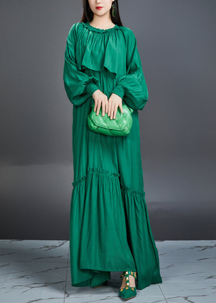 Italian Green Ruffled Pockets Tie Waist Cotton Maxi Dress Fall AJ1028 JDML-240909
