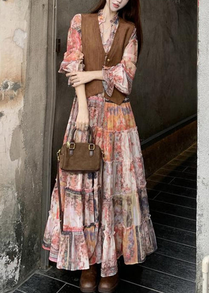 Dress Brown And Ruffled Suede Faux Elegant Waistcoat Two-Piece FashionChic