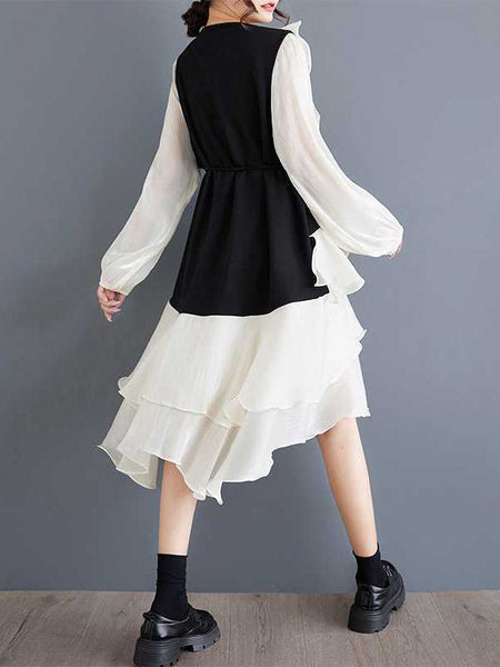 Chic Black Round-Neck Patchwork Contrast Color Ruffle Trim High-Low Long Sleeve Dress TW019 ABC