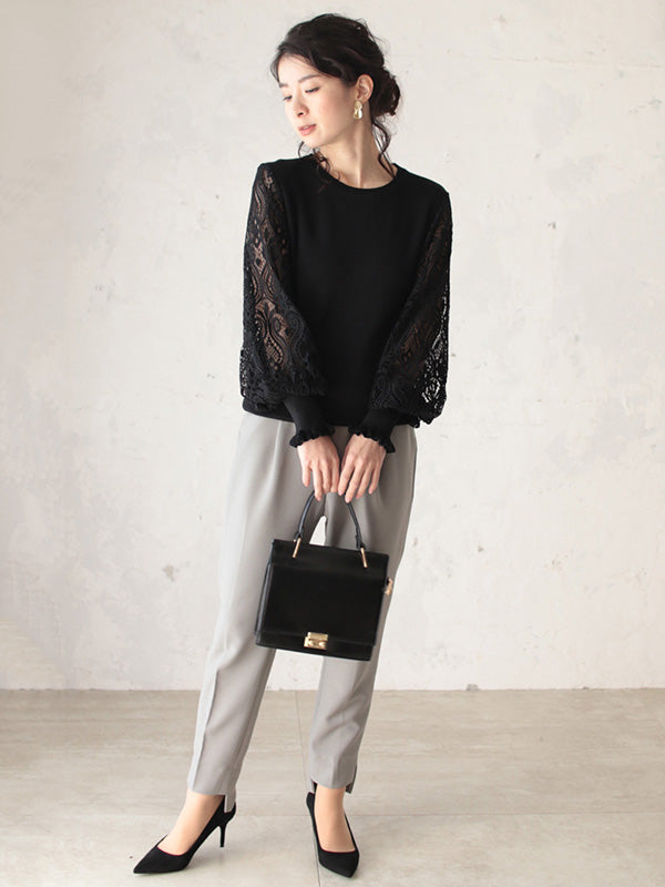Tempermant Black Round-Neck Patchwork Hollow Lace Long Puff Sleeves Sweater QX011 shopify