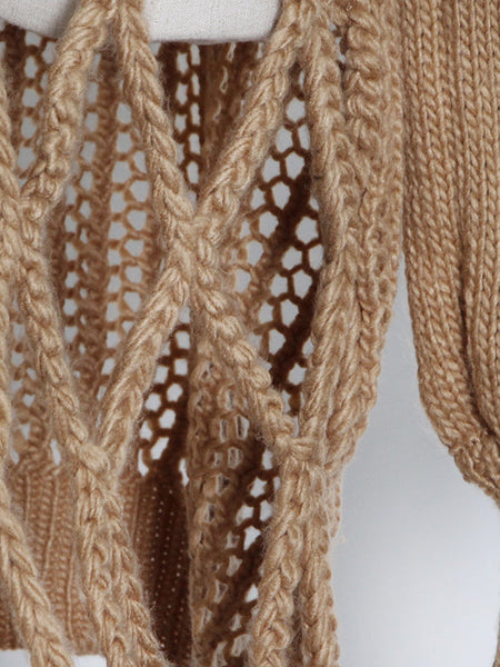 Stylish Khaki V-Neck Hollow Out Long Sleeve Knit Top AN1047 Genistyle Shop