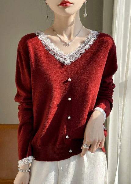 French White O-Neck Lace Patchwork Cotton Knit Sweater Fall QP047 OL-NTP241001