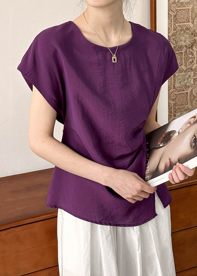 Simple Purple O Neck Front Open CottonTops Short Sleeve AF1086 HS-STP240914