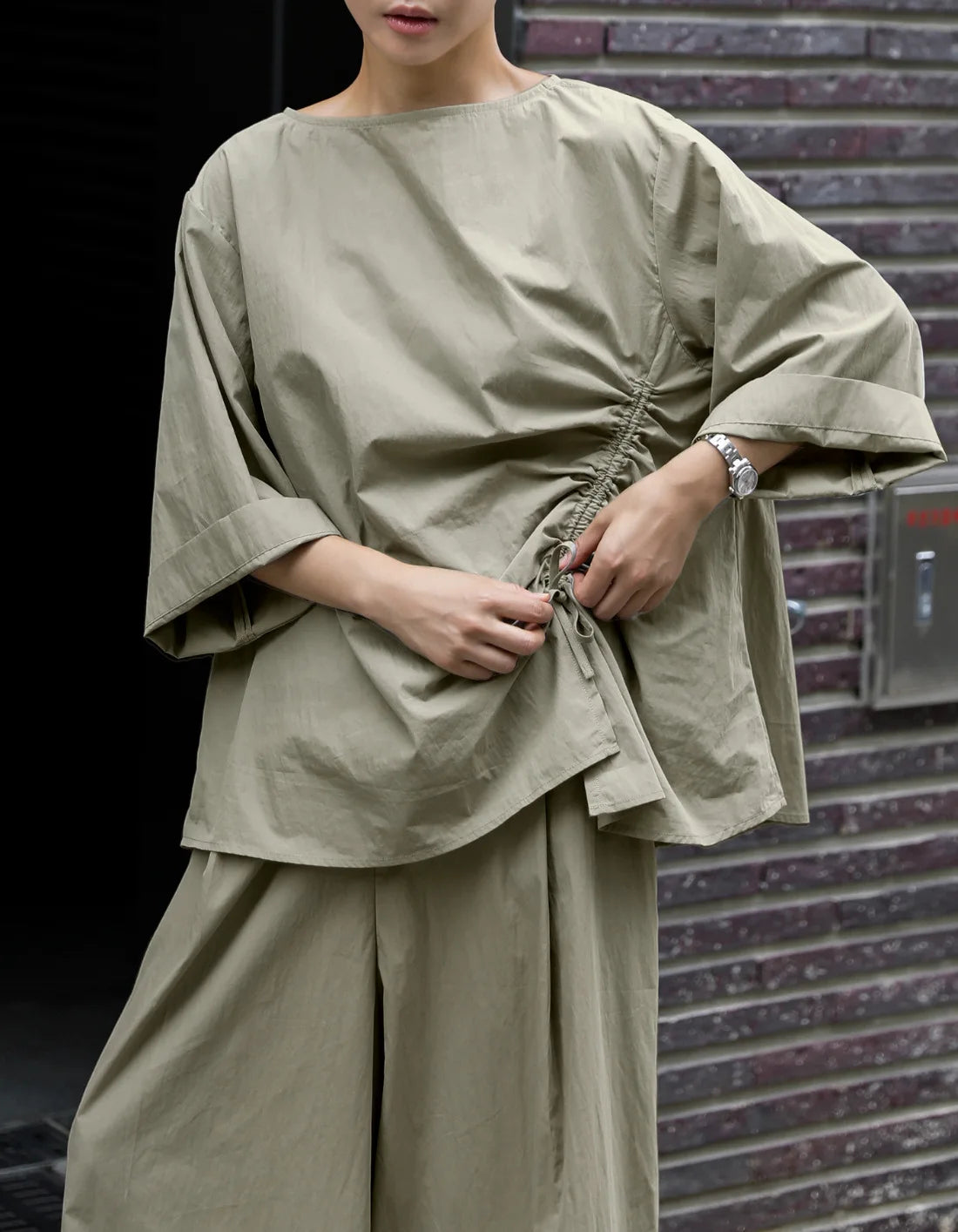 Casual Cotton Top Drawstring Sleeve Khaki Half Asymmetrical FashionChic