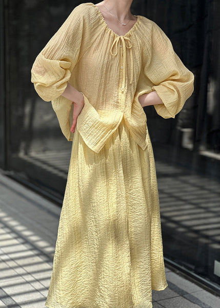 French Cotton Two And Up Pieces Set Skirts Yellow Tops Lace FashionChic