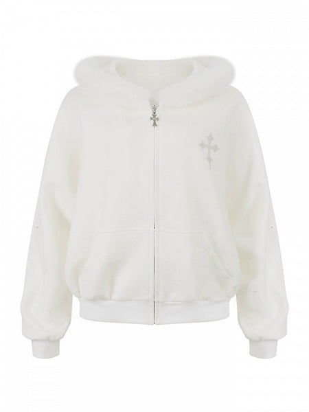 White/Gray Bear Fur Hoodie Daily Hood Trim Lush Coat Kawaii - Ear FashionChic