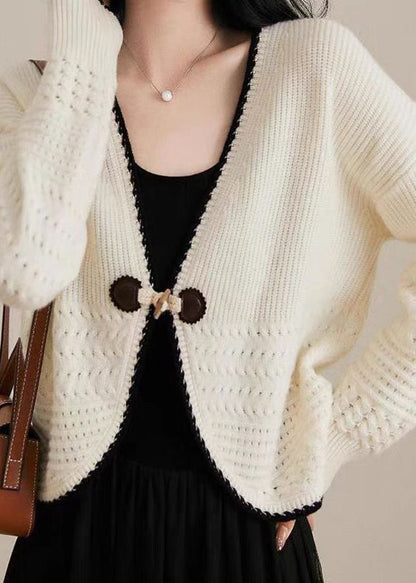 Women Beige V Neck Woolen Knit Cardigan Fall QC049 shopify