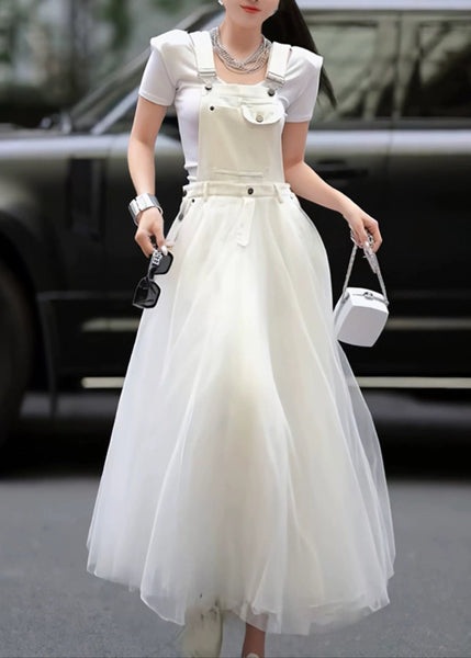 Patchwork Tulle Summer Strap Dress White Distinctive Denim FashionChic