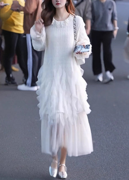 White Maxi Sleeve Solid Tulle Butterfly Dresses Elegant Patchwork FashionChic