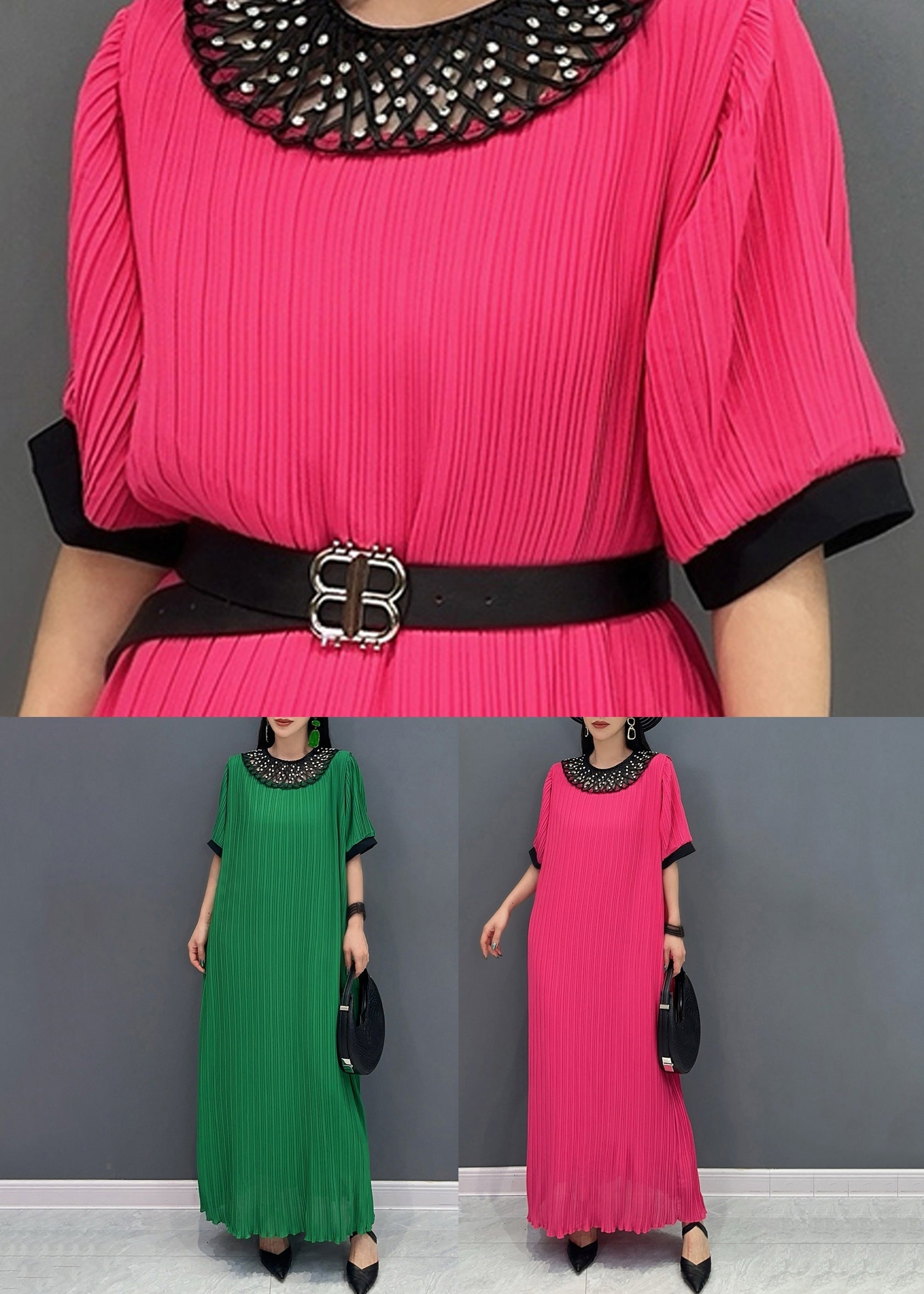 Style Red O-Neck Wrinkled Long Dress Short Sleeve AO1023 JDML-SDL240909