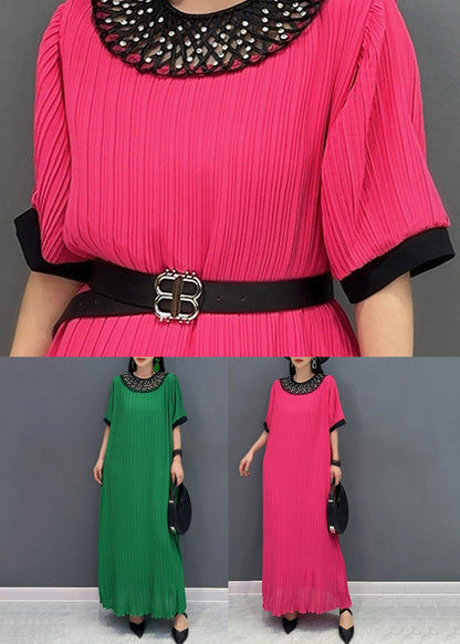 Style Red O-Neck Wrinkled Long Dress Short Sleeve AO1023 JDML-SDL240909