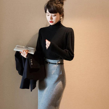 Elegant Black Turtleneck Long Puff Sleeve Knit Sweater TW001 ABC