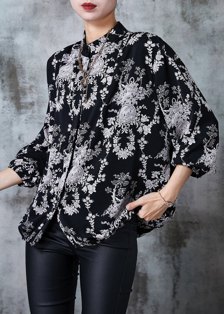 Plus Size Black Stand Collar Print Chiffon Shirts Summer PZGY-LTP240826