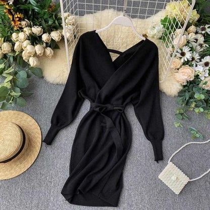 Elegant Beige V Neck Tie Waist Long Batwing Sleeve Dress AR1021 shopify