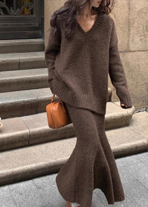 Plus Size Brown Cozy Cotton Knit Sweaters And Maxi Skirts Two Pieces Set Winter WV029 ABC