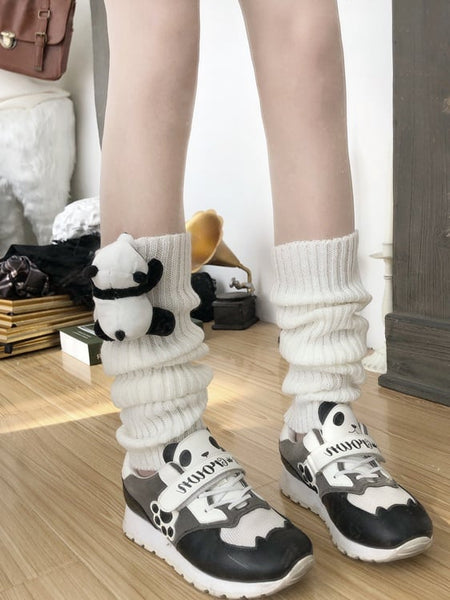 Set Pom-Pom Brooch Knitted + Warmers Black White Leg Decorated / Creamy Panda FashionChic