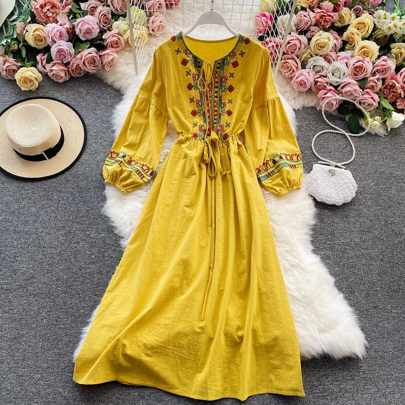 Ethnic Yellow Crew-neck Embroidery Raglan Long Puff Sleeve A-line Dress AR1006 shopify