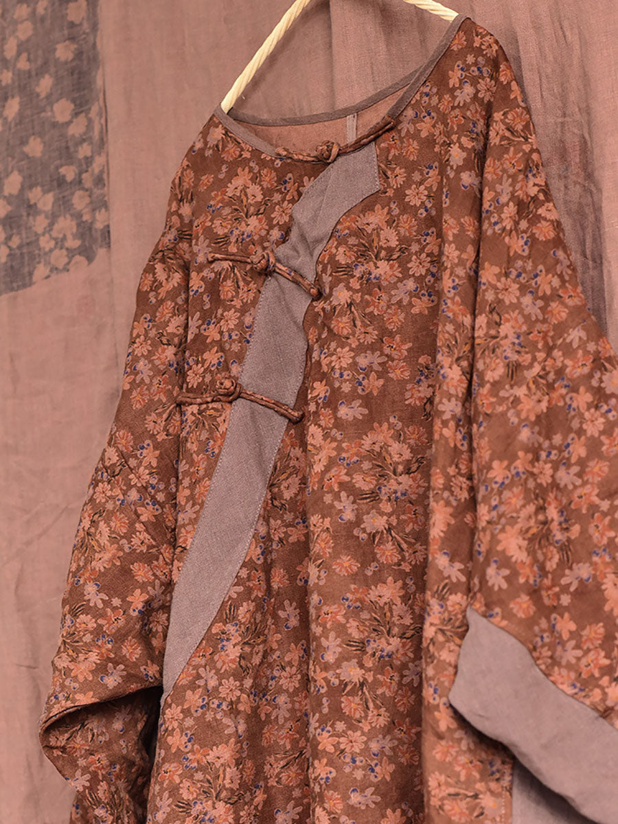 Women Autumn Vintage Floral Spliced Frog Loose Dress AI1042 QYMM