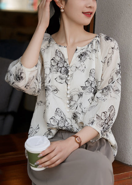 White Boho Oversized Shirts Sleeve Bracelet Cotton Print FashionChic