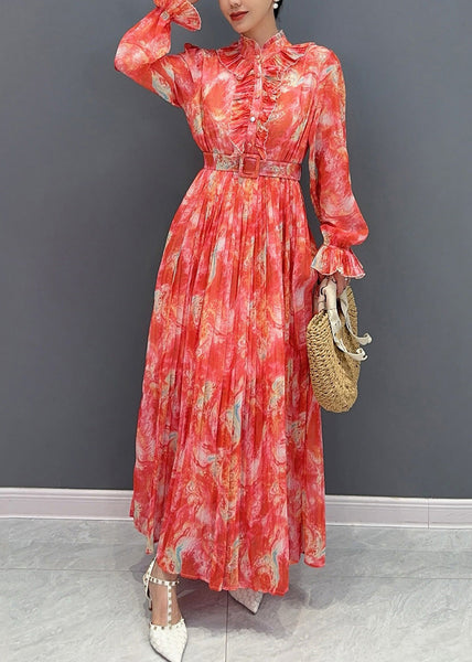 Collar Print Fashion Long Stand Chiffon Sashes Dress Red FashionChic