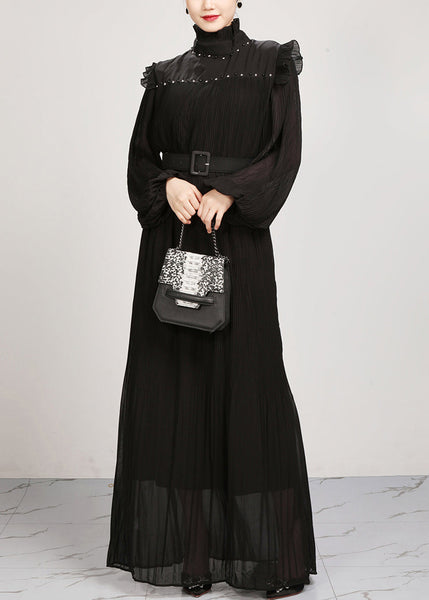 French Black Ruffled Solid Chiffon Maxi Dresses Fall AR1038 JDML-240823