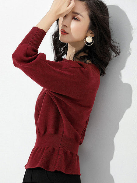 Elegant Red Boat Neck Tunic Ruffled Hem Long Sleeve Sweater AN1040 Genistyle Shop