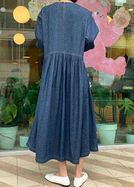 Casual Denim Blue O-Neck Wrinkled Patchwork Long Dress Spring TT1049 shopify