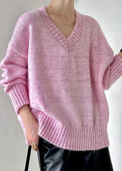 Loose Pink V Neck Hollow Out Cotton Knit Sweater Fall AF1091 HS-NTP240914