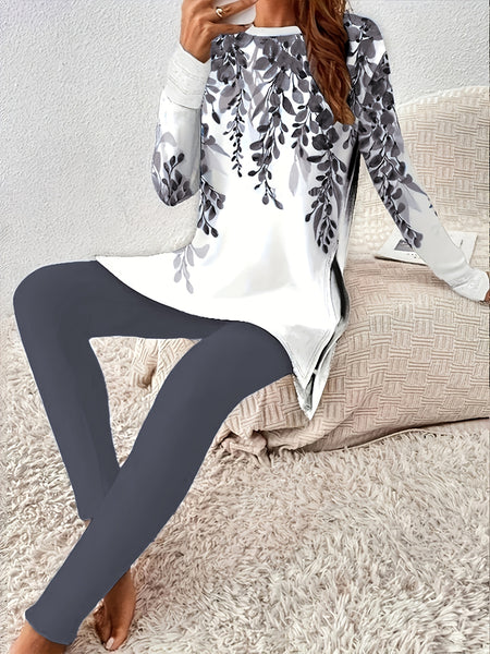 Chic Lace-Trimmed Two-Piece Set: Comfy Crew Neck Top & Sleek Skinny Pants for Every Occasion Furdela