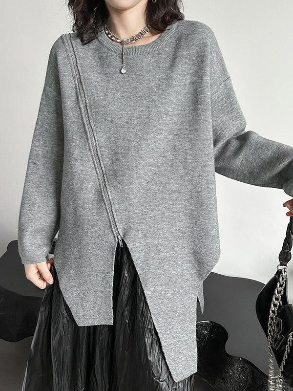 Street Grey Round-neck Zipper Decor Irregular High-low Hem Long Sleeve Sweater AN1067 Genistyle Shop