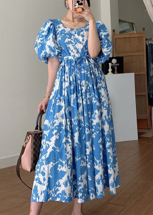 Blue Tie Waist Cotton Long Dresses Square Collar Puff Sleeve QP007 OL-SDL241001