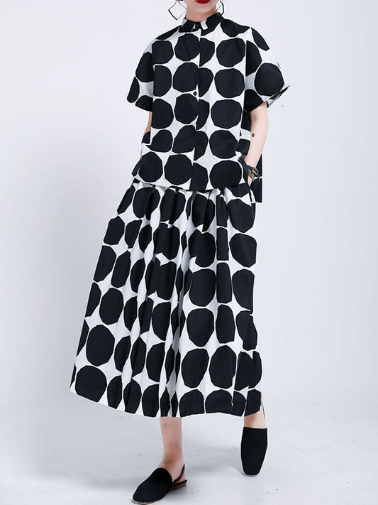 Pockets Neck Mock Black Polka-Dot Stylish High Buttoned Shirt FashionChic