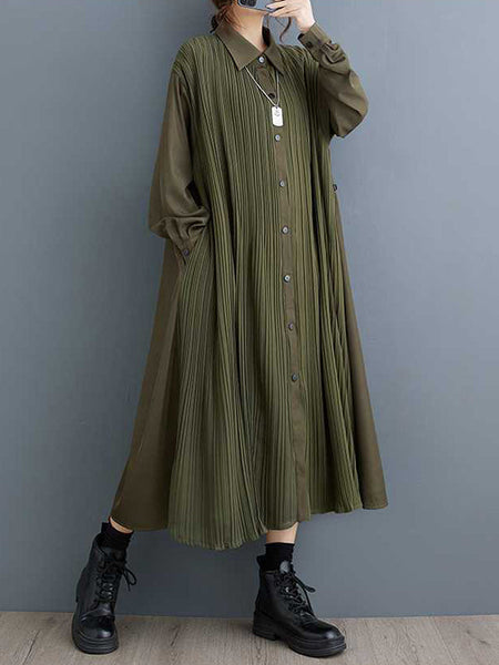 Stylish Army Green Lapel Buttoned Pleated Pockets Long Sleeves Shirt Dress WS001 shopify