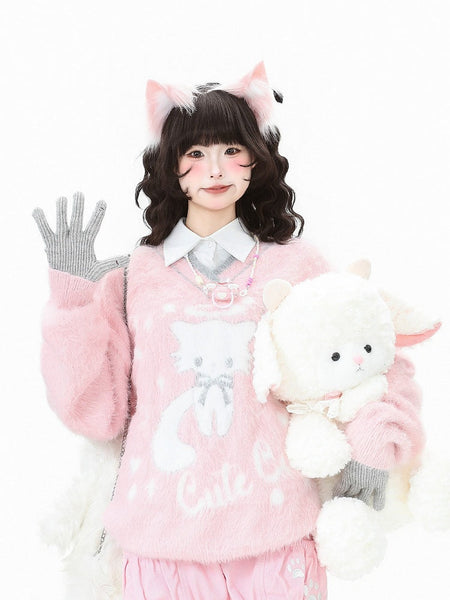 Pink/Black Daily with Cat Letter Kawaii V-neck in Sweater Pattern FashionChic