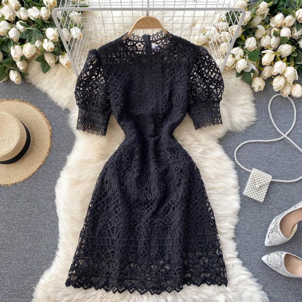 Chic Pink O-neck Hollow Out Lace High Waist Puff Sleeve Mini Dress AR1010 shopify