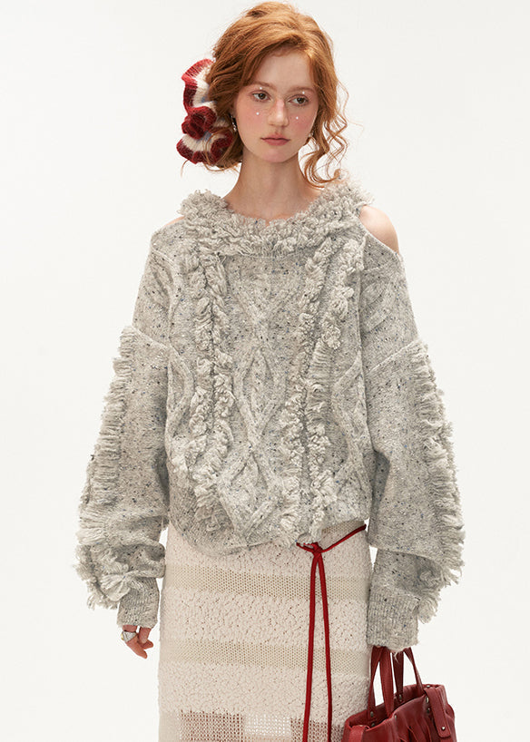 Women Blue Cold Shoulder Tassel Thick Cotton Knit Sweaters Winter QX003 shopify