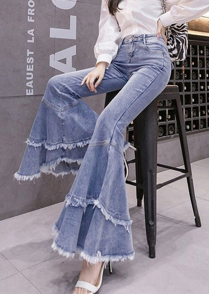 Denim Spring Stylish Tasseled Flared Patchwork Trousers Blue FashionChic