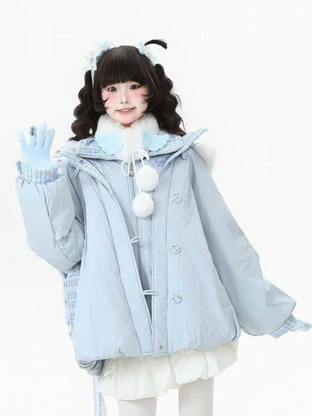 Hood Down Detachable Daily Kawaii Light Coat with Blue Two-piece FashionChic