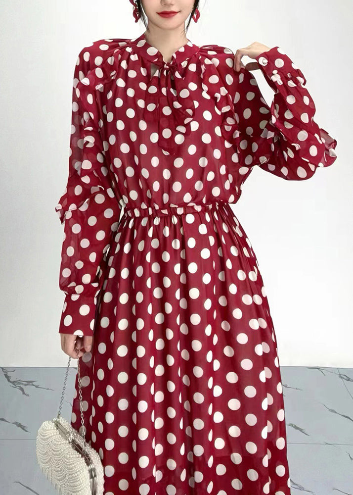 Organic Red Dot Print Ruffled Chiffon Dresses Long Sleeve AO1054 JDML-FDL240909