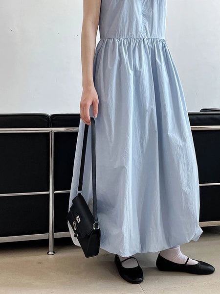 Patchwork O-neck Dress Simple Sleeveless Blue Puff Hem FashionChic