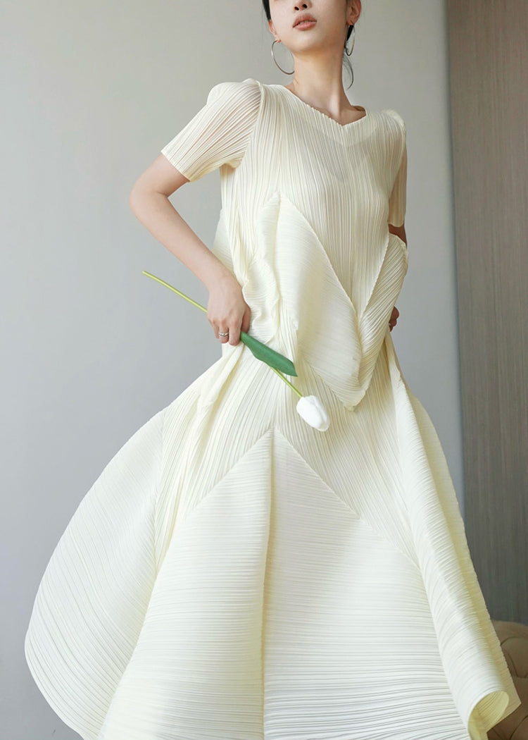 Cotton French Dresses Beige Style Summer Wrinkled FashionChic