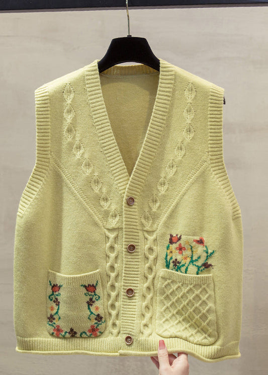 Natural Yellow V Neck Floral Cotton Knitted Waistcoat Fall QP014 OL-NTP241001