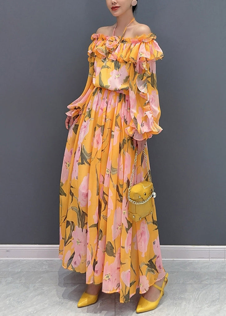 Women Orange Slash Neck Cold Shoulder Patchwork Long Dress Long Sleeve AO1024 JDML-FDL240909