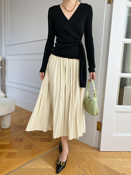 French Apricot V-Neck Asymmetric Lace-up Long Sleeves Sweater QX015 shopify